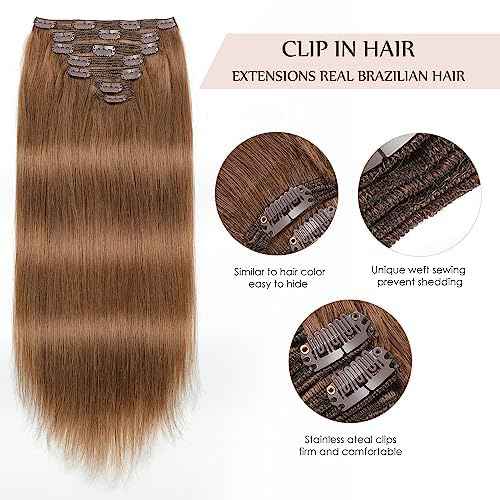 Sisily Clip in Hair Extensions Real Human Hair, 22 inch 170g, Medium Light Brown, 100% Brazilian Remy Human Hair Clip in Extensions Soft Straight 7pcs Per Set with 16 Clips Double Weft