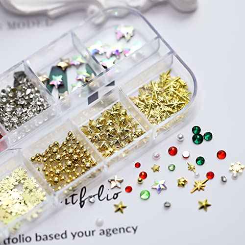 Christmas Crystal Snowflakes Nail Supplies Golden Flat Back Glass Gems Round Pearl Accessories Sparkly Star Bow Diamonds Jewels Rhinestone for Women Nail Decoration