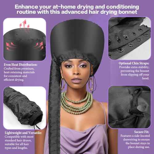 Hooded Hair Dryer Bonnet - Fast-Drying Bonnet Hair Dryer for Natural Hair, Deep Conditioning, Styling, & Curl Enhancing - Adjustable Fit, Heat Distribution, Portable & Lightweight for Travel£¨Black£©