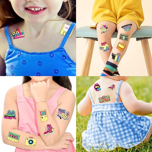 90s 80s Glitter Temporary Tattoos Themed 40PCS Birthday Party Decorations Favors Supplies Decor Retro Skate Tattoo Stickers Gifts for Kids Children Girl Boys Adults School Rewards Home Activity Prizes
