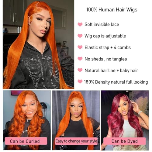 26inch Ginger 13x4 HD Lace Front Wigs Human Hair Straight Lace Frontal Wigs 350 Colored Glueless Ginger Orange 180% Density Pre Plucked With Baby Hair