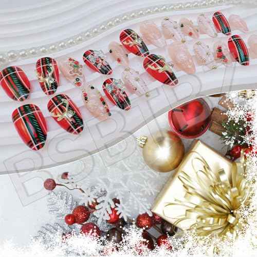 24Pcs Christmas Fake Nails Luxury Handmade Press on Nails with 3D Bow Elk Rhinestone Charm Designs Cute Gingerbread Almond False Nails Nail Tips Full Cover Red Plaid Deer DIY Xmas Nails for Women