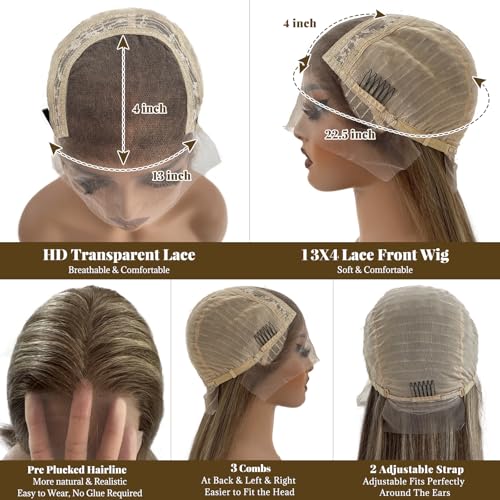 Belaved 6T6P18 13x4 Ombre Lace Front Wigs Human Hair for Women Ash Brown to Blonde Highlights HD Straight Lace Frontal Wig Human Hair 16 Inch 150% Density Pre Plucked Bleached Knots Glueless