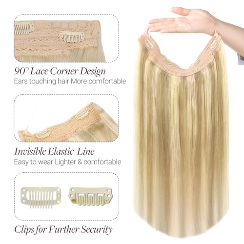 GOO GOO Wire Hair Extensions Human Hair, 16/22 Light Blondewith mix Golden Blonde Highlighted 16inch 95g, Invisible Wire Hair Extensions with Transparent, Seamless Fish Line Hairpiece