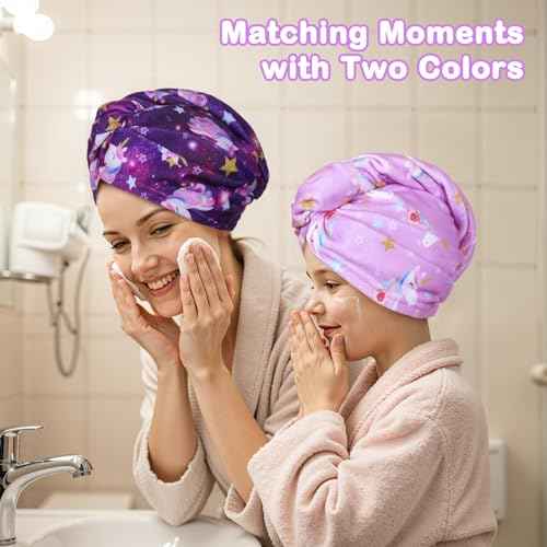 FIOBEE Microfiber Hair Towel Wrap for Kid Rapid Drying Towel Absorbent Hair Turbans for Wet Hair with Button Women Girls Long Curly Hair Pack of 2, Purple