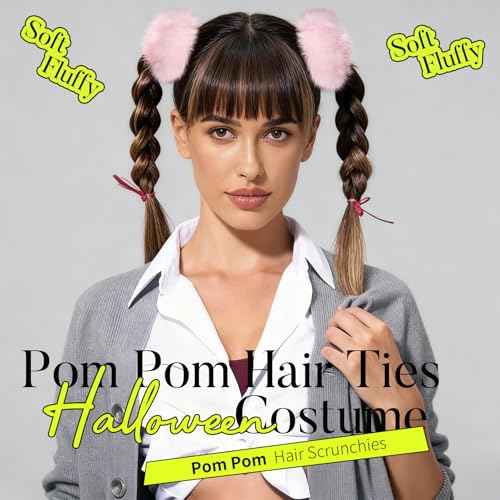 YGDZ 4PCS Pink Pom Pom Hair Ties, Furry Faux Rabbit Fur Light Pink Scrunchies, Hair Ties Ponytail Holders, Hair Accessories for Girls Women