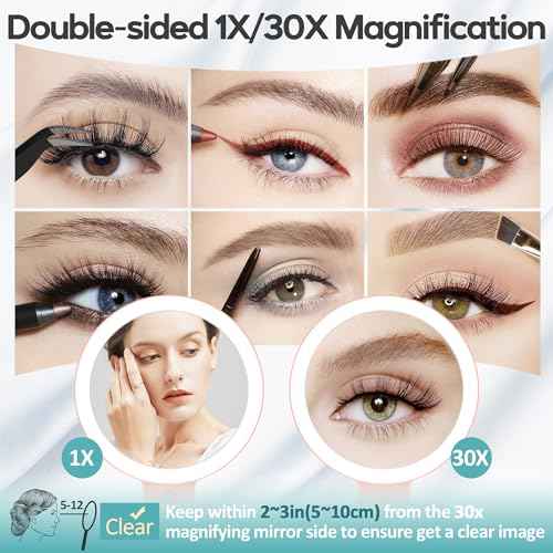 B Beauty Planet Magnifying Mirror with Light 30X, Double-Sided 1X/30X Magnifying Makeup Mirror with Tweezer, 2000mAh 3 Colour Modes with Adjustable Brightness,Foldable Compact Travel Mirror(Rose Gold)