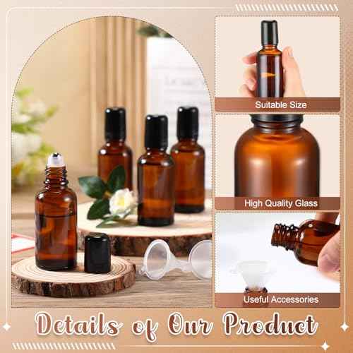 Sumind 12 Pcs 30ml Roller Glass Bottle Essential Oil with Stainless Steel Refillable Sample Container Brown Empty Roller Bottle Applicator with Funnel Sticker for Travel(Amber)