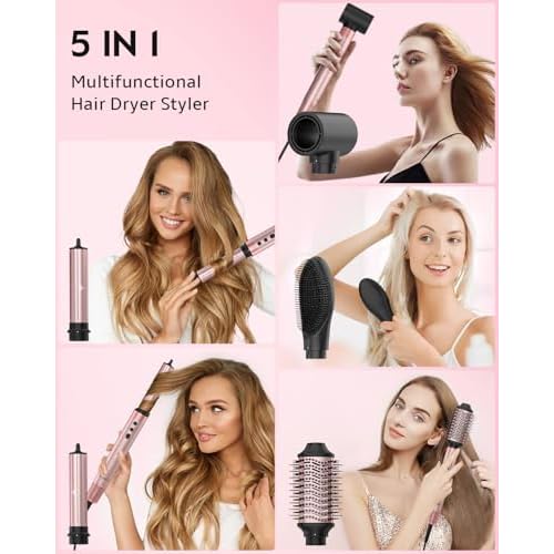 Brightup 5 in 1 High-Speed Hot Air Styler, 1400W Powerful 120000RPM Hair Dryer Brush, Negative Ions Thermal Brush, Cool Shot Button, Curler, Volumizer, Straighter, No Heat Damage, with Travel Bag