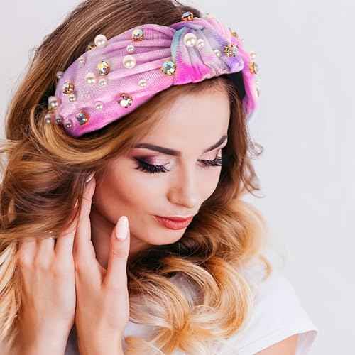 Crystal Rhinestone Headbands for Women Tie Dye Headwear Pearl Knotted Headband Diamond Velvet Purple Fabric Broad Cute Top Knot Headband Gift for Women Party Supplies 1PCS
