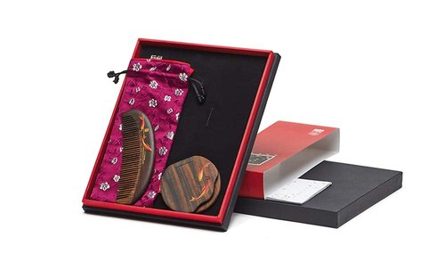 Tan Mujiang Premium Wooden Comb, Anti-Static, Natural Wood, Happy Bloom Set 1