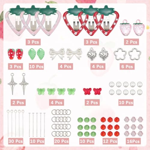 SUNNYCLUE 1 Box DIY 6 Sets Tassels Hair Clips Making Kit Strawberry Hairclips with Beaded Cute Fruit Fashion Hairclip Tassel Snap Barrettes for Women Braid Long Short Thin Thick Hair Supplies