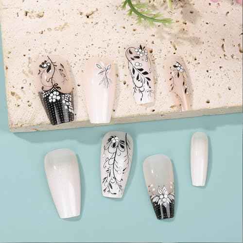 Medium Press on Nails Coffin Fake Nails with Black Floral Designs Light White Nude Acrylic Nails Fall Winter Nails Press ons Glossy Glue on Nails Daily Wear Natural Stick on Nails for Women 24Pcs