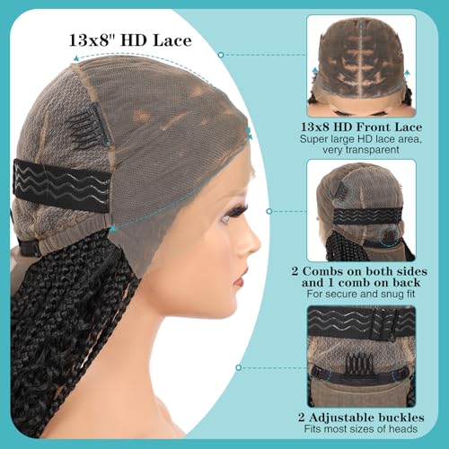 Kalyss 13x8 HD Lace Front Braided Wigs Boho Braided Wigs for Women Knotless Braid Wig with Baby Hair Box Braid wigs Long Premium Synthetic Wig Black 36 Inch