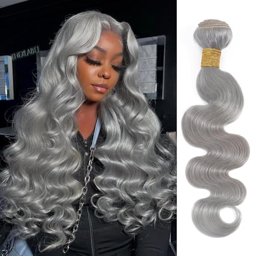 Silver Grey Body Wave Bundles Human Hair 24 Inch, Soft and Thick Short Single Bundle 100% Unprocessed 12A Remy Hair Lavender Gray Color Sew In Quick Weave Wavy