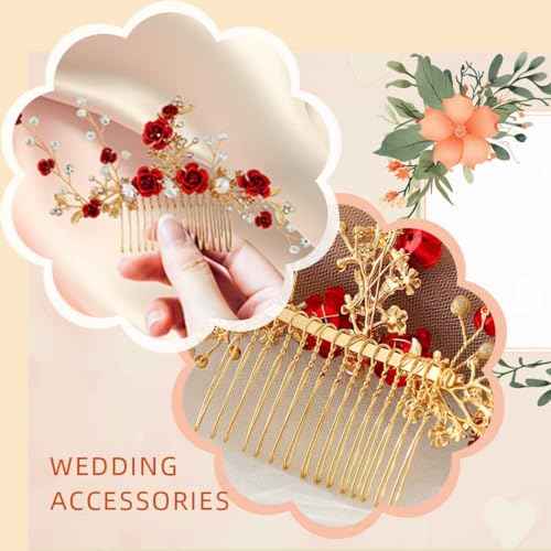 Foyte Crystal Flower Wedding Hair Comb Red Rose Headpiece Gold Hair Piece Bride Pearl Hair Accessories for Women