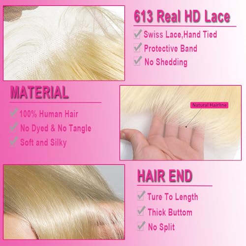 613 Frontal Straight 13x6 Transparent HD Lace Frontal Closure 12A Brazilian Virgin Remy Hair Free Part Ear to Ear Blonde Frontal Human Hair For Women Pre Plucked With Baby Hair 150% 16 Inch