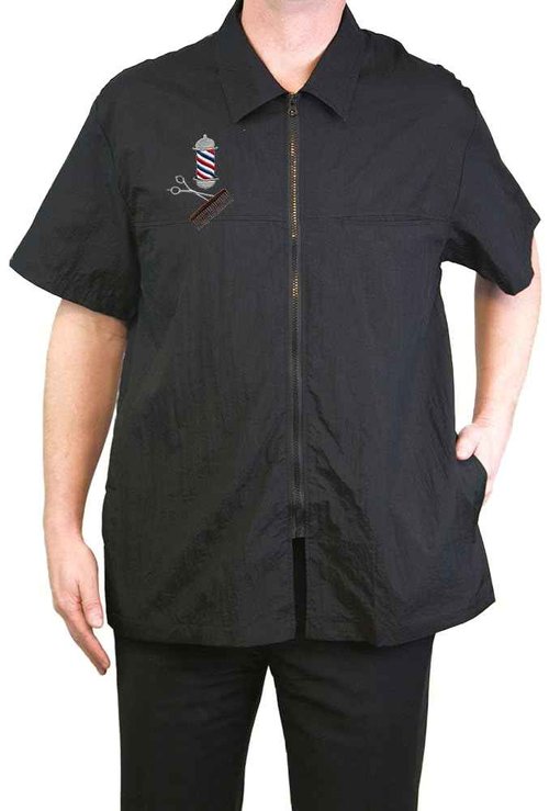 CHARLENE Classic Barber Zip Jacket with Collar and Barber Pole Logo (XL, BLACK)