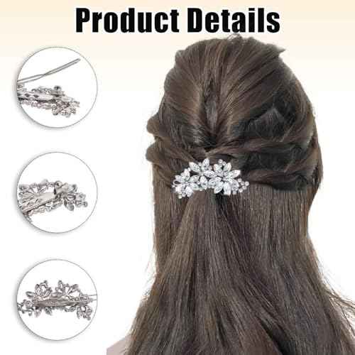 2 Pcs Rhinestone Hair Clips Silver Bride Wedding Hair Barrettes Crystal Flower Hair Accessories French Rhinestone Star Bridal Hairpins Hair Decorative for Women Girls Prom Jewelry Long Thick Ha