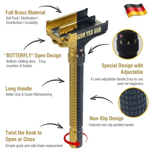Full Brass Adjustable Safety Razor for Men | Butterfly Open & Long Handle | with 10 German Solingen Blades