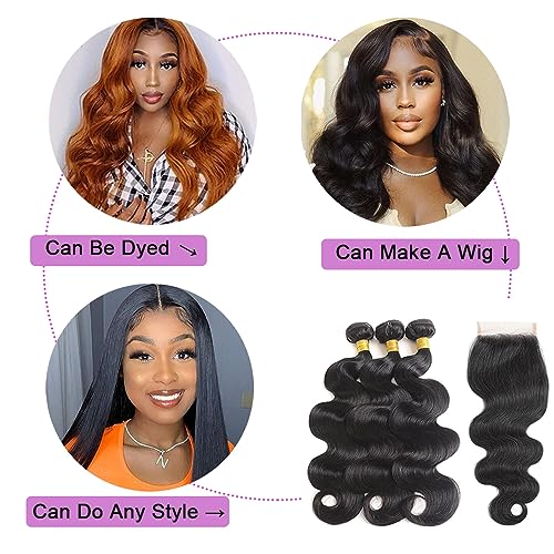 Bundles with Closure Human Hair Body Wave 100% Unprocessed Brazilian Virgin Hair Bundles with Closure£¨16 18 20+14£©Hair Extensions with 4x4 Free Part Lace