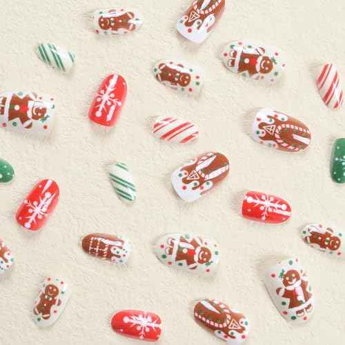 24 Pcs Christmas Press on Nails Almond Medium Fake Nails with Cute Cartoon Snowflake Design Cute Almond False Nails Christmas Glue on Nail Artificial Full Cover Stick on Nails for Women Girls