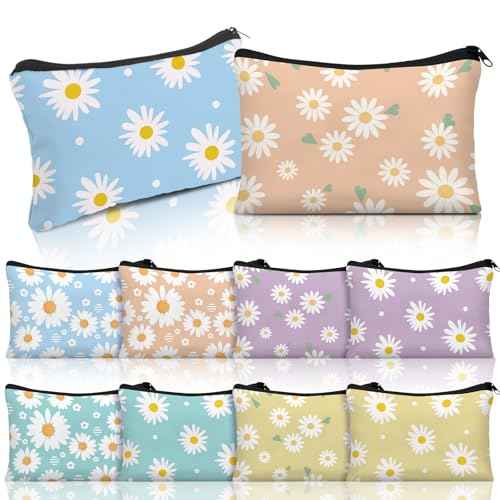 Kacctyen 10 Pcs Makeup Bags Bulk for Women Daisy Small Zipper Pouch Purse Canvas Cosmetic Bag Mini Pouch Gift for Housekeeping Week Employee Thanksgiving Christmas Teacher Mom Travel Storage Organizer