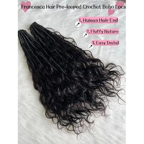 Pre-looped Crochet Boho Faux Locs with Human Hair body wave Ends Boho Hair Braids Goddess Dreadlocks Hair for Black Women Natural Color 22 Inch (Pack of 1)