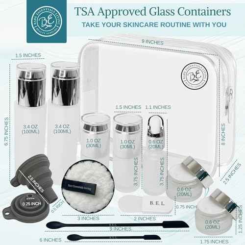 14 Pcs Travel Skincare Containers Set-TSA Approved Toiletry Bag & Glass Travel Bottles for Toiletries Pump, Spray & Dropper Bottles Travel Size Containers for Foundation, Serum Moisturizer Oil & Cream