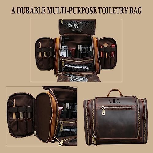 Hanging Toiletry Bag,Personalized Genuine Leather Shaving & Dopp Kit Bag for Men & Women,Travel Organizer for Toiletries,Best Man Gift,Wedding Gifts (Brown)