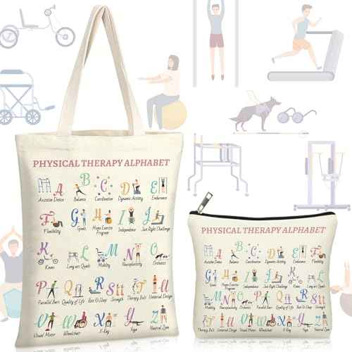 2 Pcs Physical Therapy Gifts Occupational Christmas Therapy Gifts Thank You Retirement Presents for Women Teens Coworker Friend Tote Bag Makeup Bag for Pt Pta Ot World Pt Day