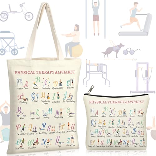2 Pcs Physical Therapy Gifts Occupational Christmas Therapy Gifts Thank You Retirement Presents for Women Teens Coworker Friend Tote Bag Makeup Bag for Pt Pta Ot World Pt Day