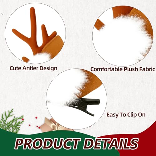 2 Pieces Reindeer Antler Hair Clips with Ears, Cute Brown Deer Costume Accessories for Christmas, Halloween, and Cosplay Party Dress-Up for Girls and Women