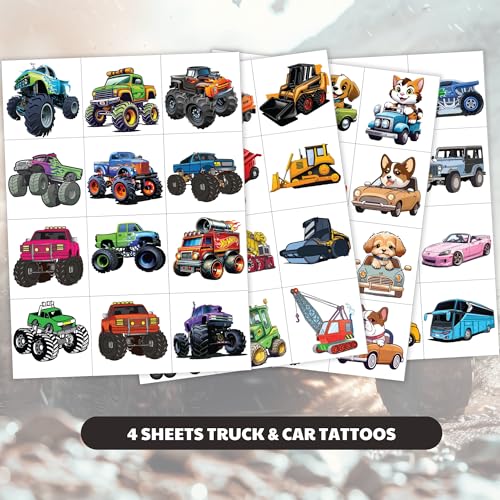 Car and Truck Temporary Tattoos, Cars Waterproof Temporary Tattoo Stickers for Birthday Decorations, Party Supplies, Party Favors, School Rewards Gifts