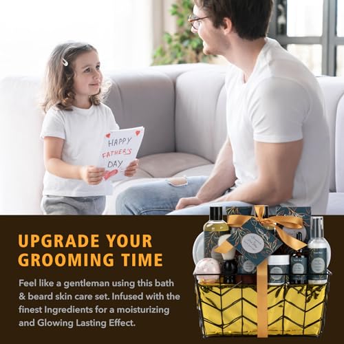 Fathers day gift baskets Birthday Day Gifts for Him Spa Gift Basket for Men, Body Wash, 13pcs Sandalwood Oak Moss Bath and Beard Kit for Men with Beard Brush, Christmas Gifts Spa Kits for Man dad