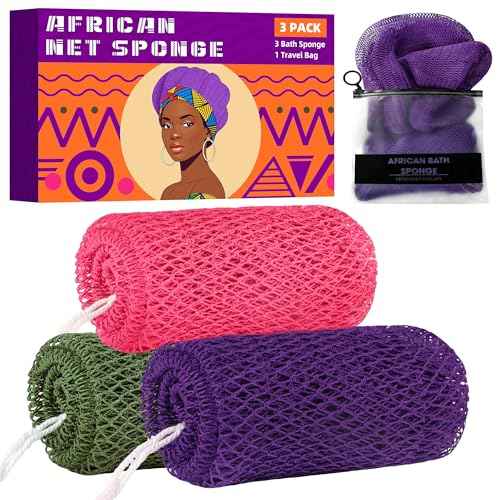 African Net Sponge Authentic, 3 Pieces Exfoliating Scrubber Bath Sponge for All Skin Types, Back Scrubber Loofah Washcloth for Shower, Gentle Exfoliation, Gift 1 Travel Bag (Purple, Pink, Dark Green)