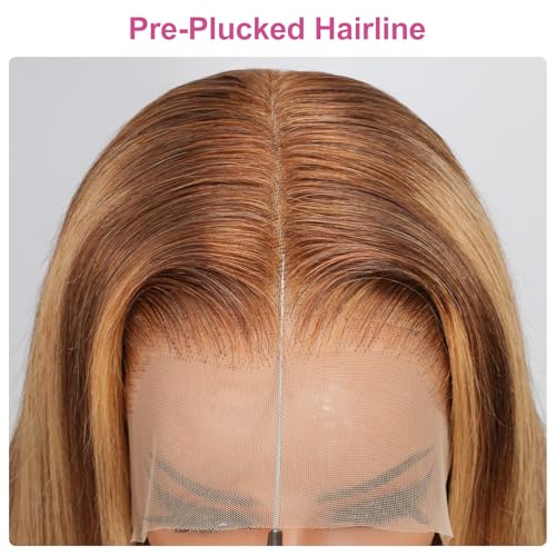 210% Density 13x6 Highlight Ombre Full Lace Frontal Bob Wig Human Hair 12A Brazilian Virgin Human Hair Pre Plucked 4/27 Honey Blonde HD Transparent Lace Glueless Wigs Human Hair 12 Inch