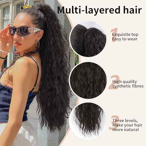 ORSUNCER Claw Long Wavy Ponytail Extension Black Brown 30" Curly Pony Tail Clip in Hair Extensions for Women fluffy Natural Looking Synthetic Hairpiece for Daily Use