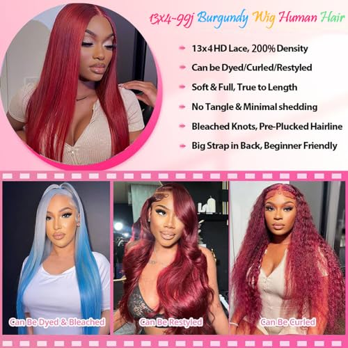 24Inch Burgundy Wig Human Hair 13X4 99J Burgundy Straight Lace Front Wigs Human Hair Pre Plucked 200% Density HD Transparent Glueless Red Burgundy Straight Wigs Human Hair for Women with Baby Hair
