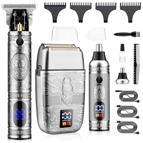 Professional Hair Trimmer Hair Clippers for Men, Nose Hair Trimmer Shaver Set,Cordless T-Blade Beard Trimmer Barber Clippers,Electric Razor Foil Shavers for Men Haircut Grooming Kit(Silver)