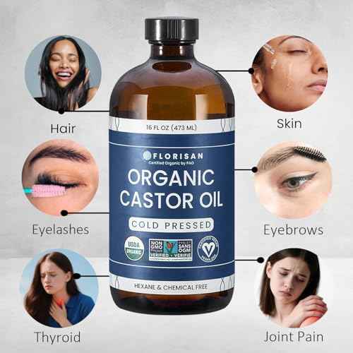 Florisan Organic Castor Oil 16oz Glass Bottle, Cold Pressed, Hexane-Free, Non-GMO, 100% Pure Castor Oil for Hair Growth, Skin, Lashes, Eyebrows, EWG Verified & USDA Organic Certified