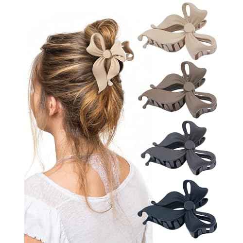 4 PCS Bow Hair Clips Bow Claw Clip for Women, Large Hair Claw Clips for Thin Thick Long Hair Cute Nonslip Bows (Black+Grey+Dark Brown+Light Brown)