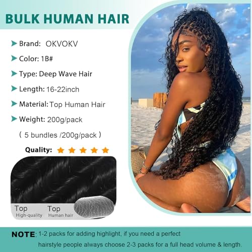 Human Braiding Hair for Boho Braids 200g 22 Inch Curly Boho Hair for Braiding Deep Wave Human Hair Extensions Knotless 12A Bulk Bohemian 5 Bundles/Pack Natural Color