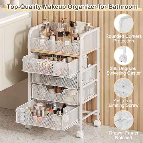 Makeup Cart Organizer with 4 Drawers, Large Floor Skincare Organizers, Vanity Storage Organizer Cosmetics Display Cases for Skin Care Perfume Nail Polish, White (Patent Pending)