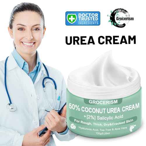 Grocerism Urea Cream 50 Percent for Feet with Coconut 5.29 oz || Foot & Hand Cream Maximum Strength with 2% Salicylic Acid, Tea Tree and Aloe Vera for Deep Moisturizing and Callus Removing