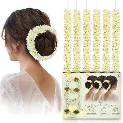 ZAINY 6 Pack White Mogra Artificial Gajra for Hair Indian Bun Braid, Non Scented Fabric Jasmine Flowers, Veni, Bridal Hair Accessories for Women, Wedding, Reusable Cloth Floral Girl Accessory, 13 inch
