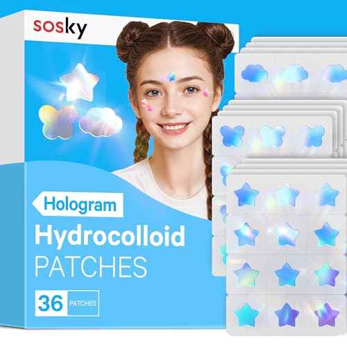 Sosky Hologram Pimple Patches for Face, Hydrocolloid Acne Patches with Salicylic Acid, Cute Star Zit Stickers,Colorful Blemish Covers,36 Count Blue Star Cloud Butterfly
