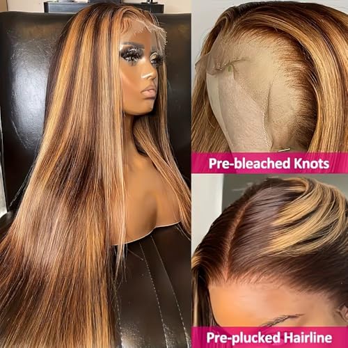 SIFULAN 13x4 Honey Blonde Lace Front Wig Human Hair 180 Density 22 Inch Highlight Ombre Straight HD Transparent Lace Pre Plucked Human Hair Wigs for Women P4/27 Color