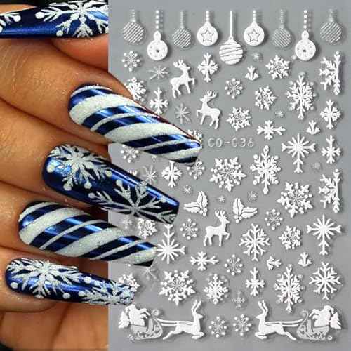 12 Sheets Snowflake Nail Art Stickers, 3D Self-Adhesive Winter Theme Nail Decals, Holographic Snowflake, Elk, Snowman, Christmas Tree etc Pattern Nail Art Design DIY Nail Decoration for Women Girls