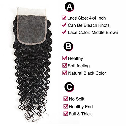 Aatifa Brazilian Virgin Deep Wave 3 Bundles with Closure 9A Grade Unprocessed Human Hair with 4x4 Lace Closure Free Part Natural Color, lace closure, (18/20/22+16 Inch)